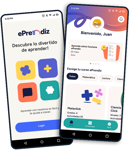 Dos teléfonos mostrando la app ePrendiz: pantalla de inicio y selección de curso
