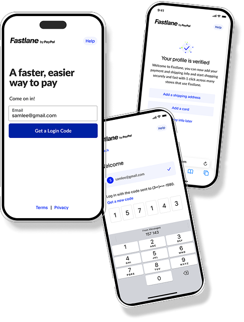 Pantallas de la app Fastlane by PayPal: ingreso con código, verificación por SMS y perfil confirmado