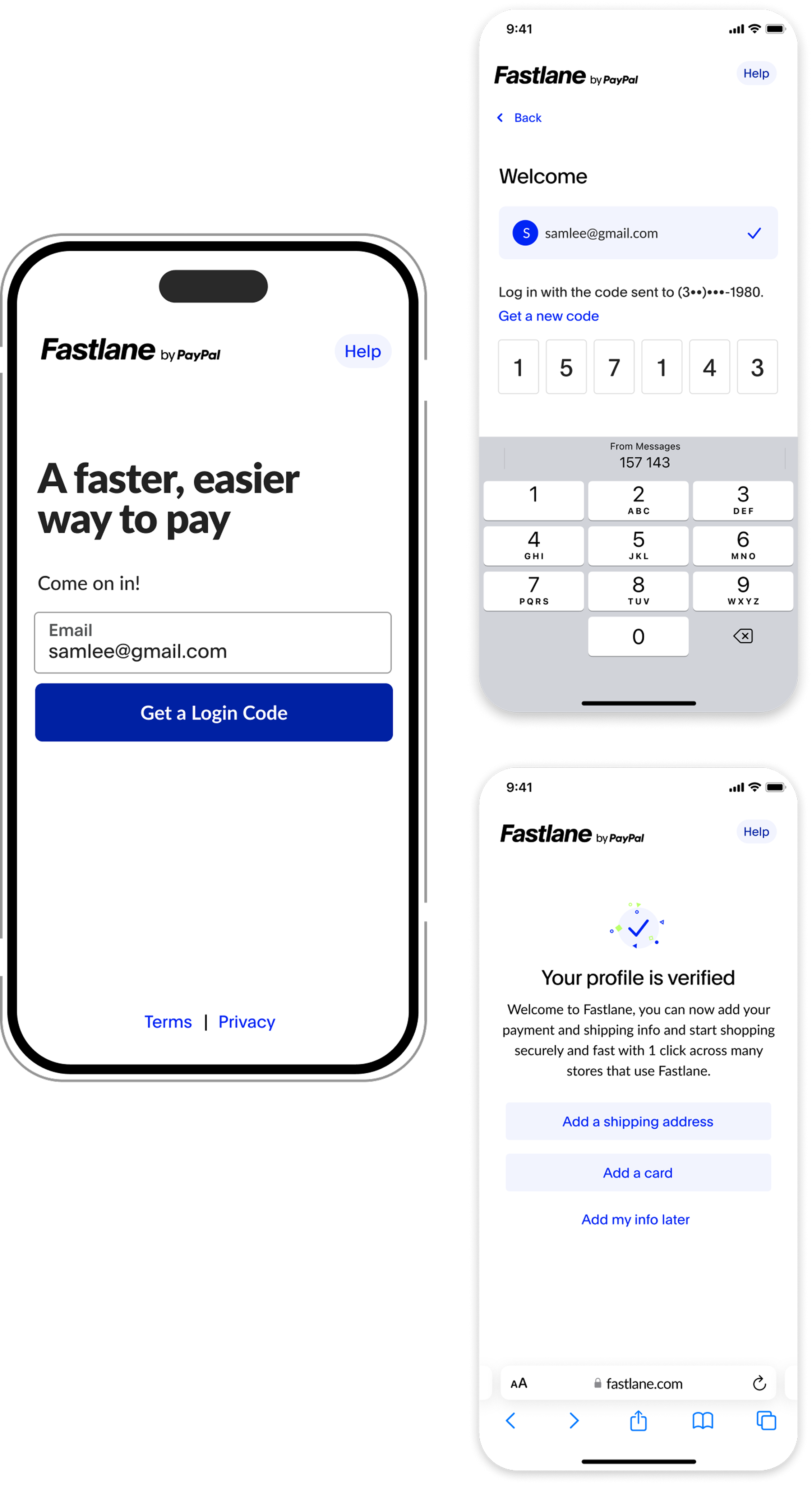 Pantallas de Fastlane: autofill del checkout, confirmación de código y perfil verificado