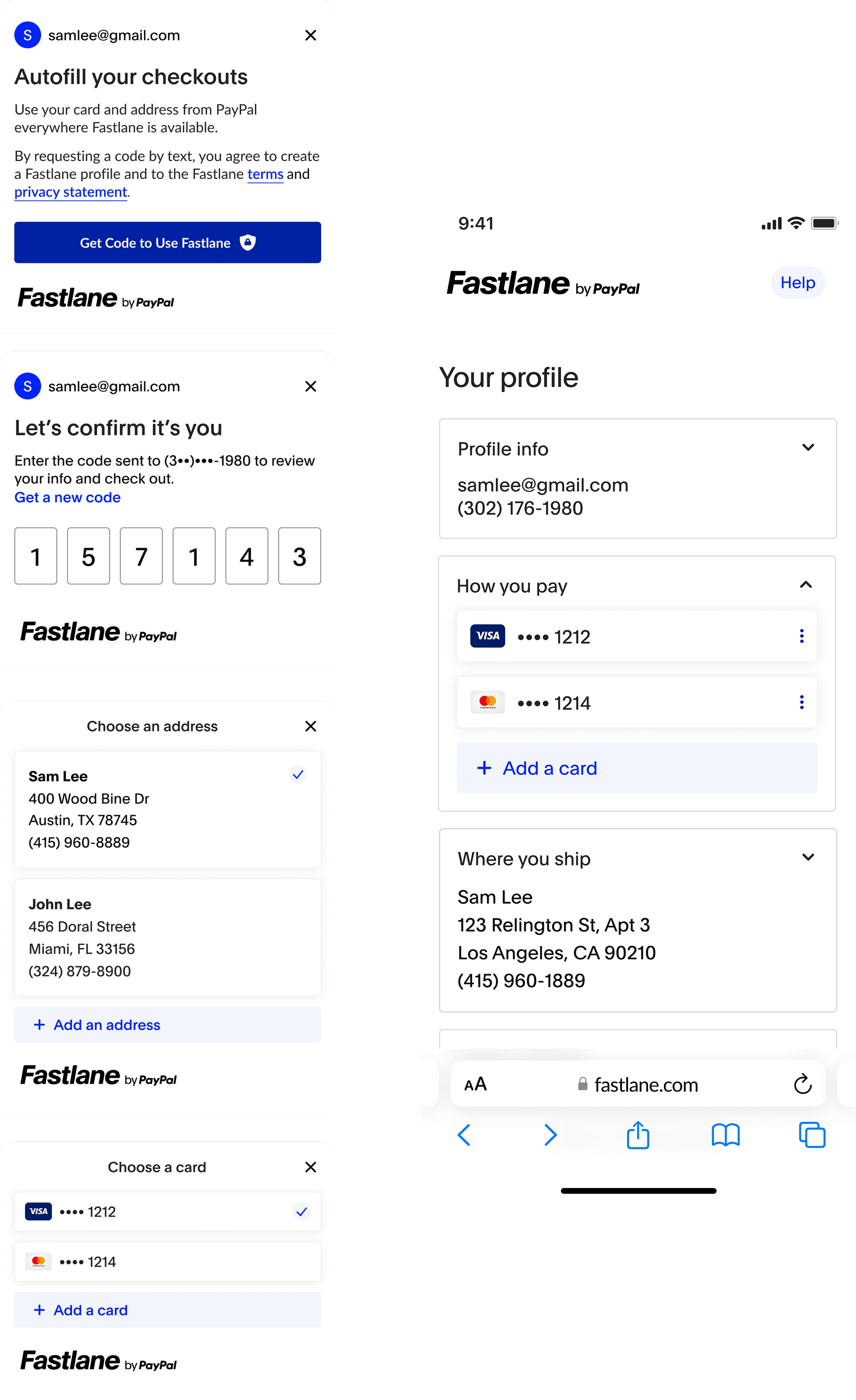 Pantallas de Fastlane: direcciones y métodos de pago guardados, y perfil de usuario