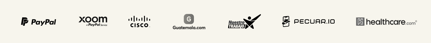 Logos de PayPal, Xoom, Cisco, Guatemala.com, Nuestro Trabajo, Pecuar.io y healthcare.com